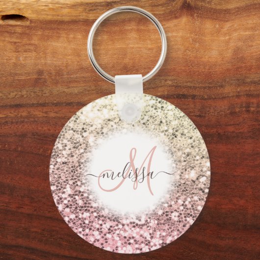 Gepersonaliseerd Blush Roze Glitter Monogram Naam Sleutelhanger (Voorkant)