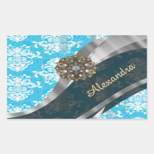 Gepersonaliseerd bord blauw girly damask patroon rechthoekige sticker