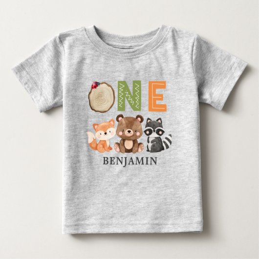 Gepersonaliseerd bos Eerste verjaardag Baby T-Shir (Voorkant)