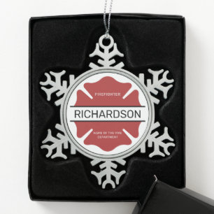 Gepersonaliseerd brandweerman rood Logo symbool Tin Sneeuwvlok Ornament