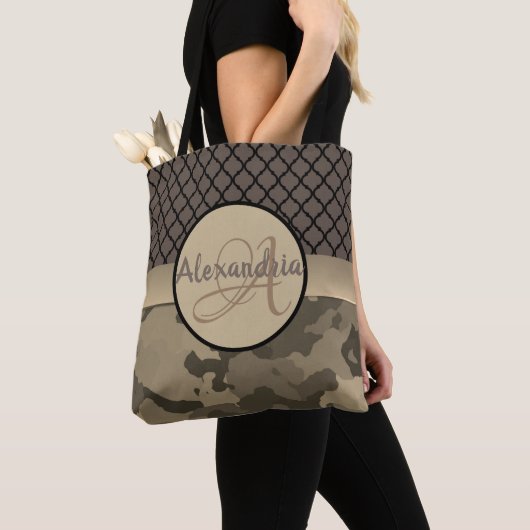 Gepersonaliseerd Brown Camo Monogram Draagtas (Dichtbij)