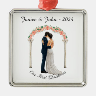 Gepersonaliseerd bruidspaar, onze eerste kerst, metalen ornament