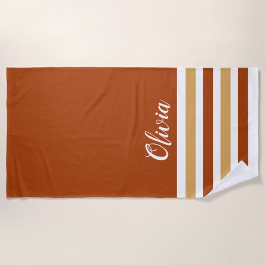 Gepersonaliseerd bruin zand en wit gestreept strandlaken (Voorkant)