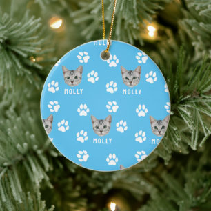 Gepersonaliseerd Cat Pet Foto & Naam Blauw Keramisch Ornament