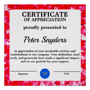 Gepersonaliseerd certificaat van waardering perfect poster