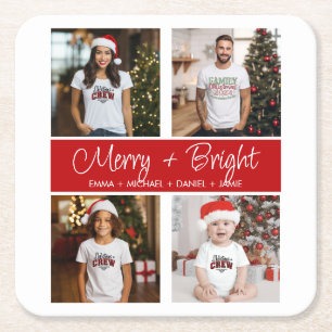 Gepersonaliseerd Christmas 4 Fotocollage Vierkante Kartonnen Onderzetter
