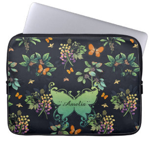 gepersonaliseerd Dark Floral Butterfly Pattern Laptop Sleeve