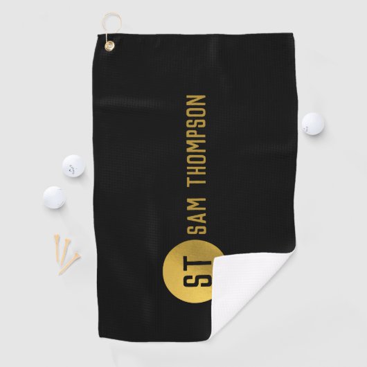 Gepersonaliseerd Elegant Black & Gold Modern Monog Golfhanddoek (Insitu)