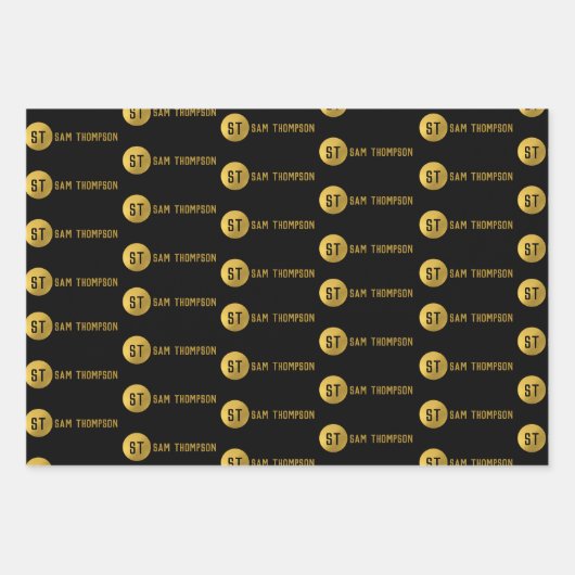 Gepersonaliseerd Elegant Black & Gold Modern Monog Inpakpapier Vel (Voorkant 3)