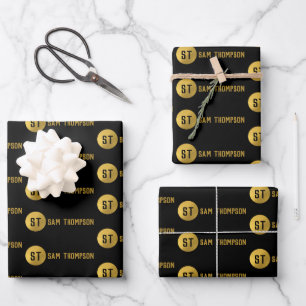 Gepersonaliseerd Elegant Black & Gold Modern Monog Inpakpapier Vel