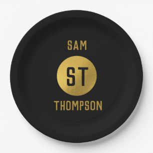 Gepersonaliseerd Elegant Black & Gold Modern Monog Papieren Bordje