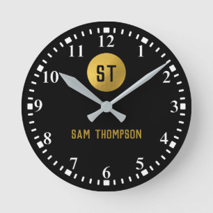 Gepersonaliseerd Elegant Black & Gold Modern Monog Ronde Klok