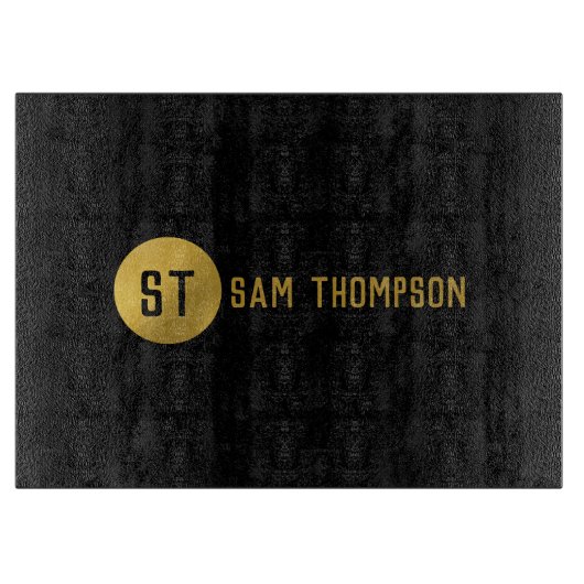 Gepersonaliseerd Elegant Black & Gold Modern Monog Snijplank (Voorkant)