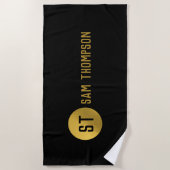 Gepersonaliseerd Elegant Black & Gold Modern Monog Strandlaken (Voorkant)