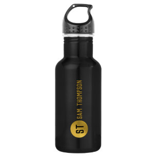 Gepersonaliseerd Elegant Black & Gold Modern Monog Waterfles