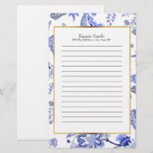 Gepersonaliseerd Elegant Blue Floral Briefpapier (Voorkant / Achterkant)