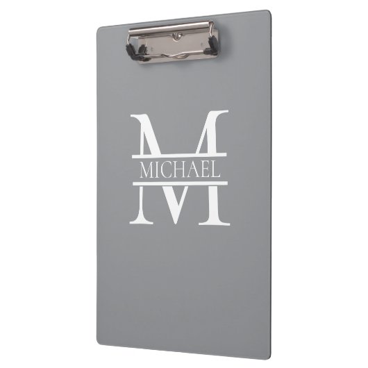 Gepersonaliseerd Elegant Grijs Monogram en Naam Klembord (Links)