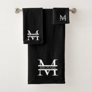 Gepersonaliseerd Elegant Monogram en Naam Zwart Bad Handdoek