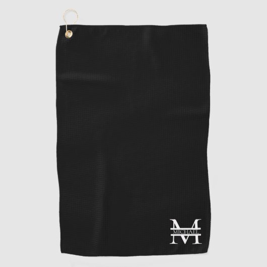 Gepersonaliseerd Elegant Monogram en Naam Zwart Golfhanddoek (Voorkant)
