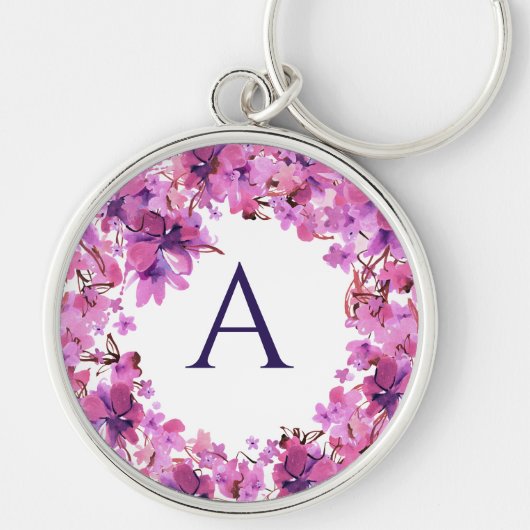Gepersonaliseerd Elegant Roze Floral Monogram Sleutelhanger (Voorkant)