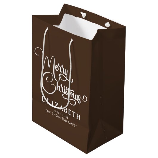 Gepersonaliseerd Elegant Script Merry Christmas Cu Medium Cadeauzakje (Voorkant Gekanteld)