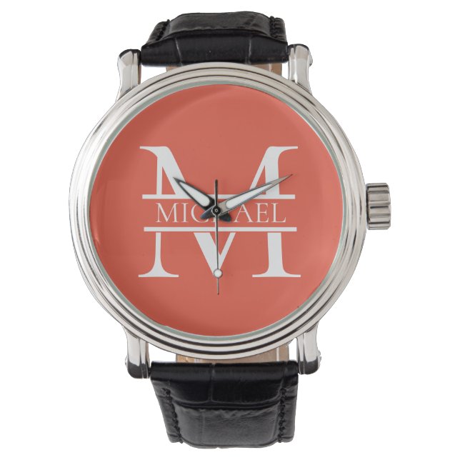 Gepersonaliseerd Elegant Sinaasappel Monogram en N Horloge (Voorkant)