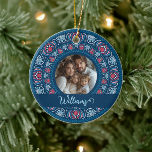 Gepersonaliseerd Familieportret Blauw Feestelijke Keramisch Ornament