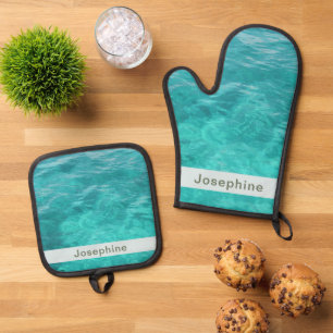 Gepersonaliseerd faux blauw water ovenwant & pannenlap set