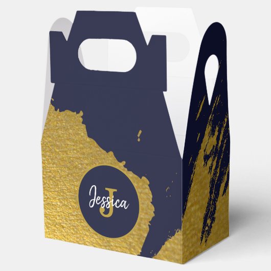 Gepersonaliseerd Faux Gold Brushstrokes met Navy B Bedankdoosjes (Geopend)