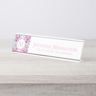 Gepersonaliseerd Floral Pink Monogram Bureau Naambordje
