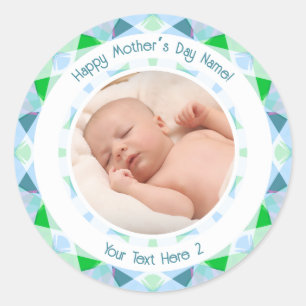 Gepersonaliseerd fotobericht Blauw Groen Moederdag Ronde Sticker