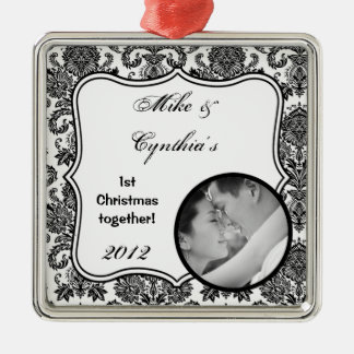 Gepersonaliseerd fotoornament Black White Damask L Metalen Ornament