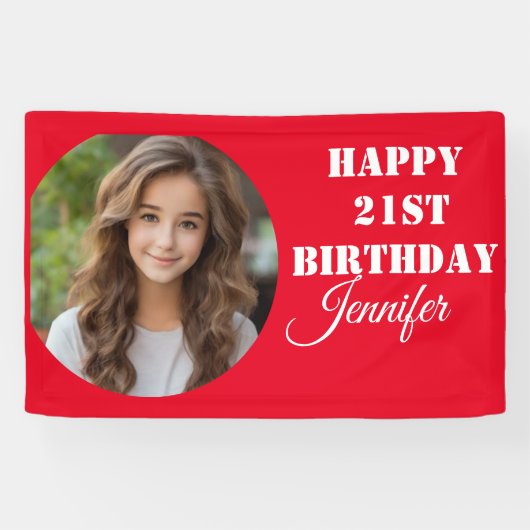 Gepersonaliseerd Fotoscript Rood Gelukkig 21e Verj Spandoek (Horizontaal)