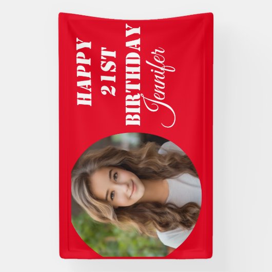 Gepersonaliseerd Fotoscript Rood Gelukkig 21e Verj Spandoek (Verticaal)