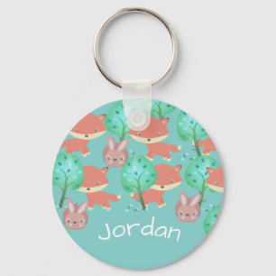 Gepersonaliseerd fox- en bunny Woodland-patroon Sleutelhanger