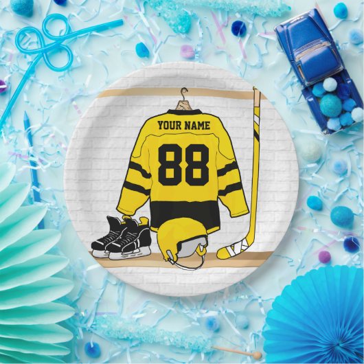Gepersonaliseerd geel en zwart Ice Hockey Jersey Papieren Bordje (Feest)