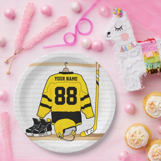 Gepersonaliseerd geel en zwart Ice Hockey Jersey Papieren Bordje (Feest)