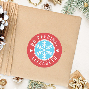 Gepersonaliseerd Geen gluren Rode Kerstcadeau Ronde Sticker