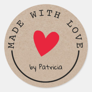 Gepersonaliseerd gemaakt met liefde rood hart kraf ronde sticker