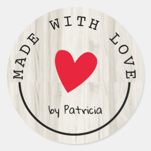 Gepersonaliseerd gemaakt met liefde rood hart lich ronde sticker