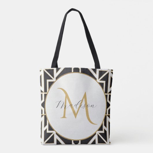 Gepersonaliseerd geometrisch zwart wit goud monogr draagtas (Achterkant)