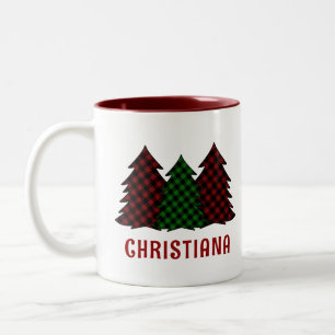 Gepersonaliseerd geruite patroon kerstboom tweekleurige koffiemok