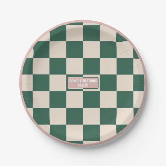 Gepersonaliseerd geruite roze & groen papieren bordje (Voorkant)