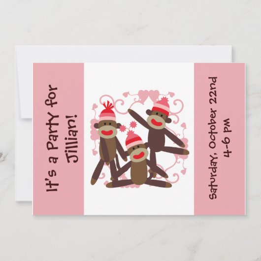 Gepersonaliseerd Girl Sock Monkey 5x7 Uitnodiginge Kaart (Voorkant)