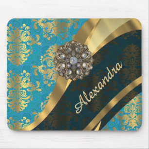 gepersonaliseerd Girly Aqua Damask patroon Muismat