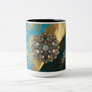 gepersonaliseerd Girly Aqua Damask patroon Tweekleurige Koffiemok