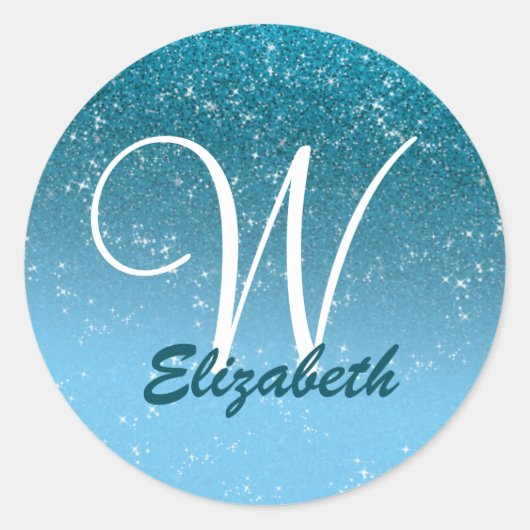 Gepersonaliseerd Girly Blue Glitter Sparkles Monog Ronde Sticker (Voorkant)