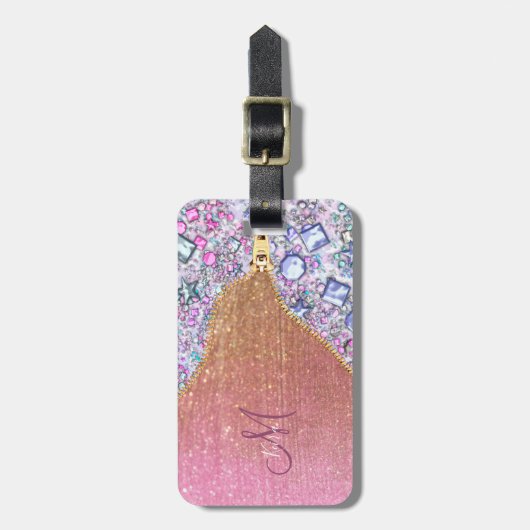 Gepersonaliseerd Girly Gold Glitter Monogrammed Ro Bagagelabel (Voorkant verticaal)