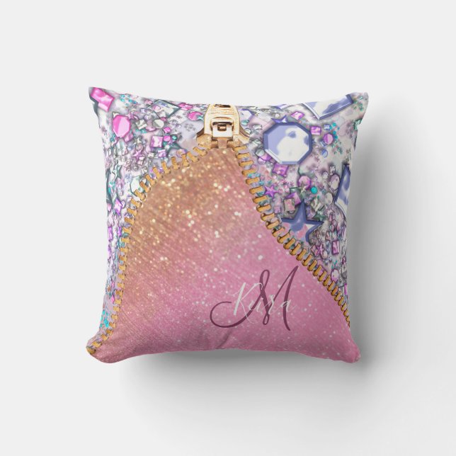 Gepersonaliseerd Girly Gold Glitter Monogrammed Ro Kussen (Voorkant)