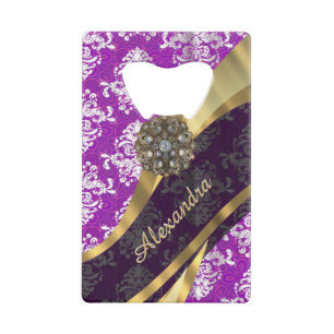 Gepersonaliseerd girly paarse damast patroon kredietkaart flessenopener